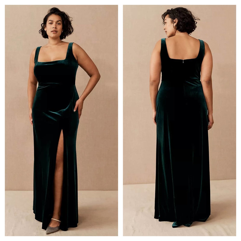 NEW Jenny Yoo Mara Velvet Gown 24 Plus Emerald Green Square Neck Sleeveless Slit